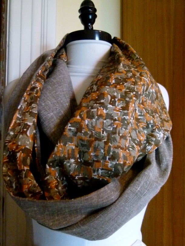 vintage abstract print & mocha linen infinity scarf